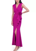 Women's Sleeveless V-Neck Rosette Side Ruffle Solid Gown