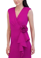 Women's Sleeveless V-Neck Rosette Side Ruffle Solid Gown