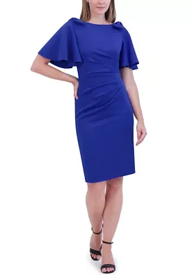 Women's Short Flutter Sleeve Boat Neck Solid Sheath Dress