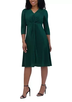 Women's 3/4 Sleeve V-Neck Solid Fit and Flare Dress