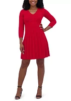 Women's 3/4 Sleeve V-Neck Solid Pleated A-Line Dress