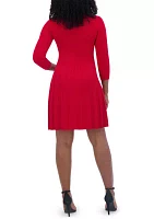 Women's 3/4 Sleeve V-Neck Solid Pleated A-Line Dress