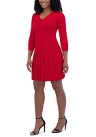 Women's 3/4 Sleeve V-Neck Solid Pleated A-Line Dress