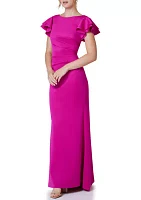 Women's Boat Neck Flutter Sleeve Scuba Gown