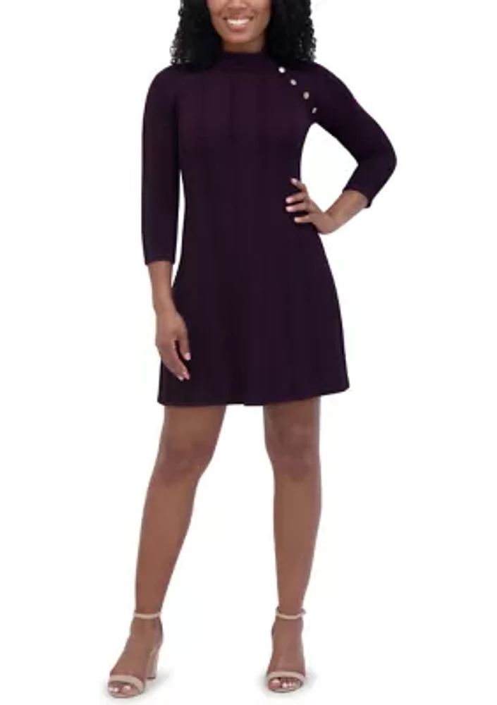 Women's 3/4 Sleeve High Neck Button Detail A-Line Dress