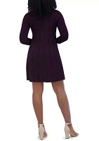 Women's 3/4 Sleeve High Neck Button Detail A-Line Dress