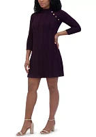 Women's 3/4 Sleeve High Neck Button Detail A-Line Dress