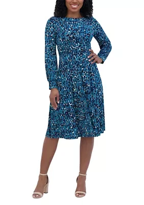 Women's Long Sleeve Round Neck Printed Fit and Flare Dress