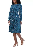 Women's Long Sleeve Round Neck Printed Fit and Flare Dress