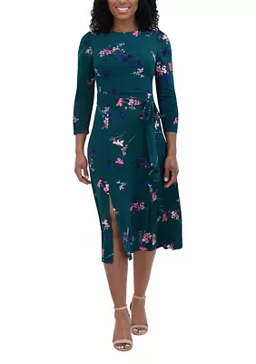 Women's 3/4 Sleeve Crew Neck Floral Print Tie Fit and Flare Dress