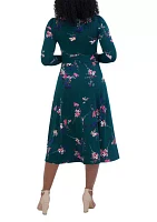 Women's 3/4 Sleeve Crew Neck Floral Print Tie Fit and Flare Dress