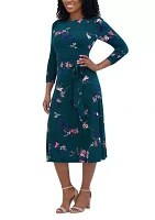 Women's 3/4 Sleeve Crew Neck Floral Print Tie Fit and Flare Dress