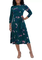 Women's 3/4 Sleeve Crew Neck Floral Print Tie Fit and Flare Dress