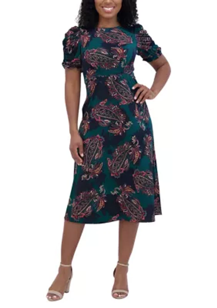 Women's Ruched Sleeve Crew Neck Paisley Print Fit and Flare Dress