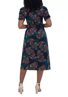 Women's Ruched Sleeve Crew Neck Paisley Print Fit and Flare Dress