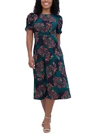 Women's Ruched Sleeve Crew Neck Paisley Print Fit and Flare Dress