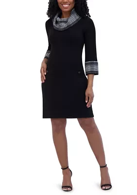 Women's 3/4 Sleeve Cowl Neck Two Tone A-Line Dress