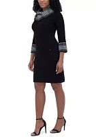 Women's 3/4 Sleeve Cowl Neck Two Tone A-Line Dress