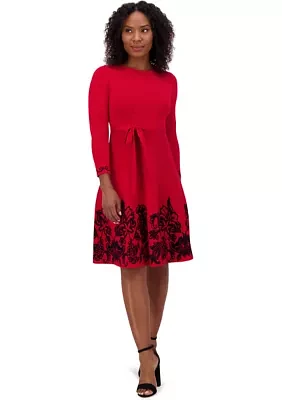 Women's 3/4 Sleeve Crew Neck Floral Print Belted Fit and Flare Dress