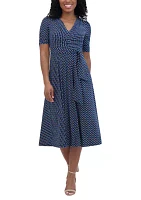 Women's Short Sleeve V-Neck Printed Tie Fit and Flare Dress