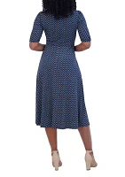 Women's Short Sleeve V-Neck Printed Tie Fit and Flare Dress