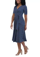 Women's Short Sleeve V-Neck Printed Tie Fit and Flare Dress