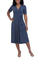 Women's Short Sleeve V-Neck Printed Tie Fit and Flare Dress