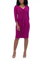 Women's 3/4 Sleeve V-Neck Solid Ruch Sheath Dress