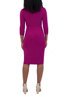 Women's 3/4 Sleeve V-Neck Solid Ruch Sheath Dress