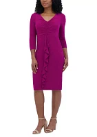 Women's 3/4 Sleeve V-Neck Solid Ruch Sheath Dress