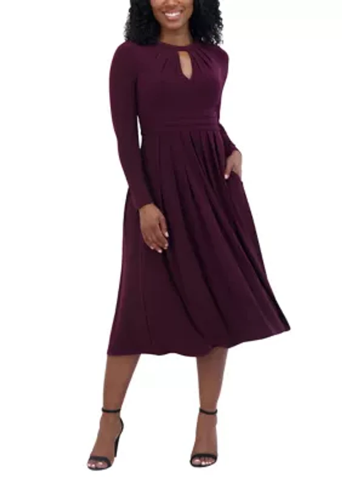 Women's Long Sleeve Keyhole Neck Solid Fit and Flare Dress