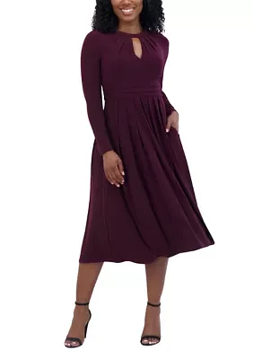 Women's Long Sleeve Keyhole Neck Solid Fit and Flare Dress