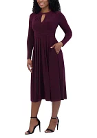 Women's Long Sleeve Keyhole Neck Solid Fit and Flare Dress