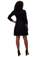 Women's 3/4 Sleeve Crew Neck Solid Fit and Flare Dress