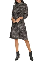 Women's 3/4 Sleeve Mock Neck Plaid Print A-Line Dress