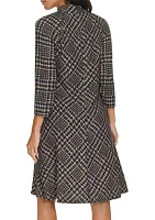 Women's 3/4 Sleeve Mock Neck Plaid Print A-Line Dress