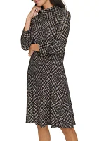 Women's 3/4 Sleeve Mock Neck Plaid Print A-Line Dress