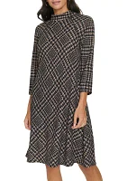 Women's 3/4 Sleeve Mock Neck Plaid Print A-Line Dress