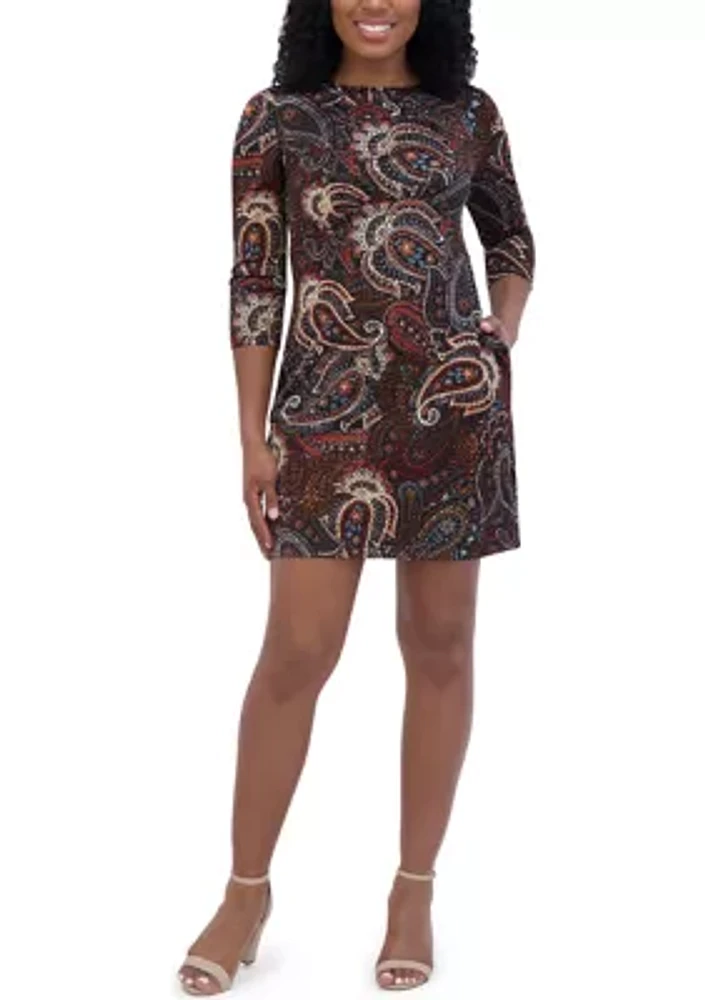 Women's 3/4 Sleeve Paisley Crew Neck Dress