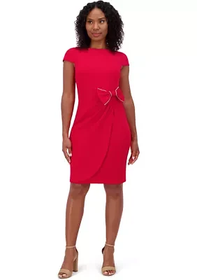 Women's Short Cap Sleeve Solid Bow Sheath Dress