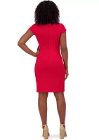 Women's Short Cap Sleeve Solid Bow Sheath Dress