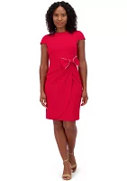 Women's Short Cap Sleeve Solid Bow Sheath Dress