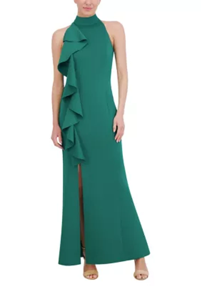 Women's Halter Ruffle Sleeveless Slim Scuba Gown