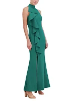 Women's Halter Ruffle Sleeveless Slim Scuba Gown