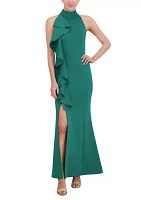 Women's Halter Ruffle Sleeveless Slim Scuba Gown