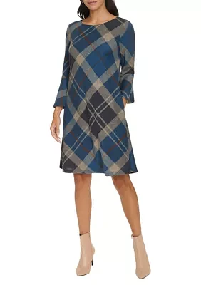 Women's 3/4 Bell Sleeve Plaid Print A-Line Dress