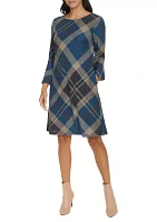 Women's 3/4 Bell Sleeve Plaid Print A-Line Dress