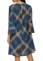 Women's 3/4 Bell Sleeve Plaid Print A-Line Dress