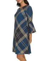 Women's 3/4 Bell Sleeve Plaid Print A-Line Dress