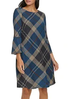 Women's 3/4 Bell Sleeve Plaid Print A-Line Dress